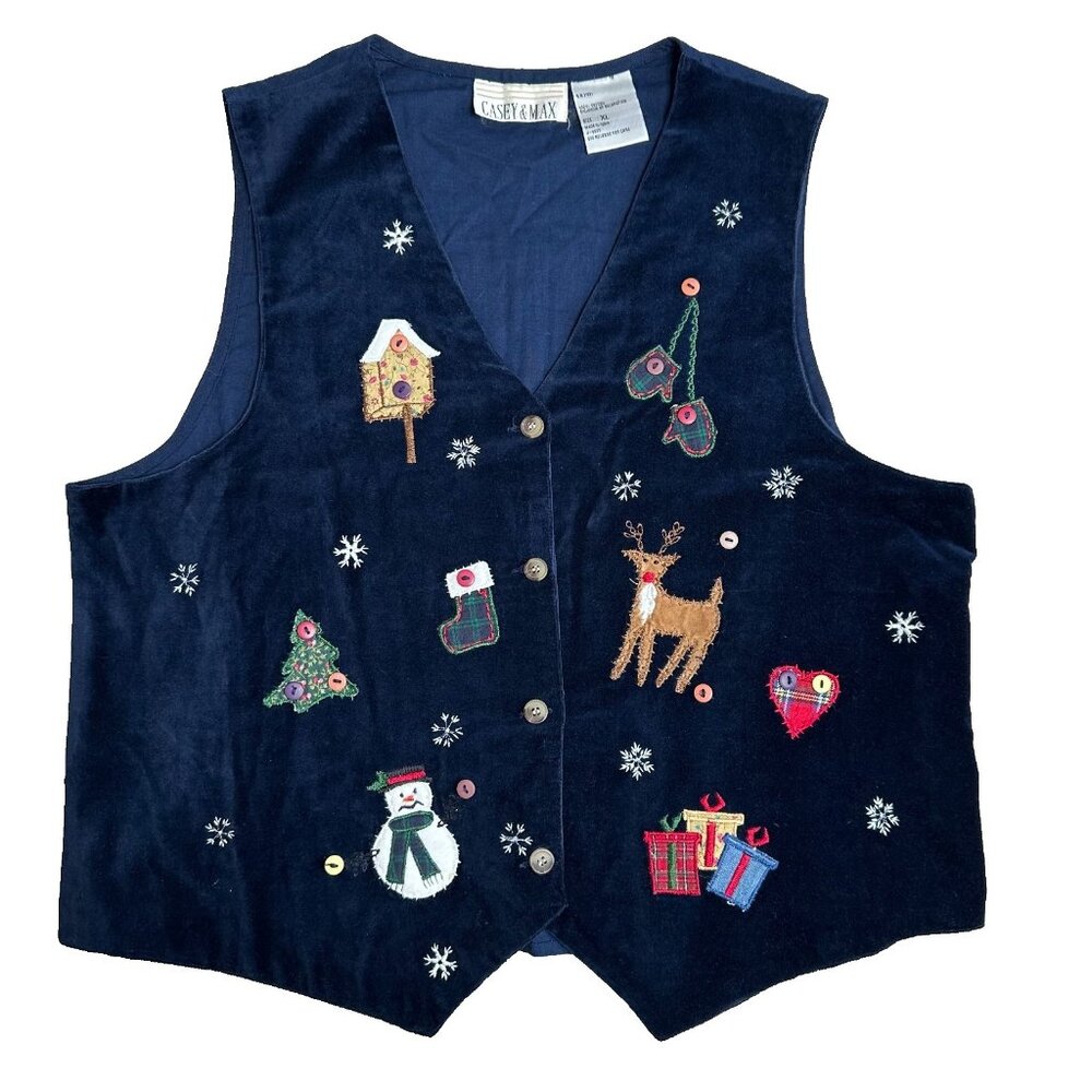 Christmas Vest Velvet Size XL Blue Embroidered Applique